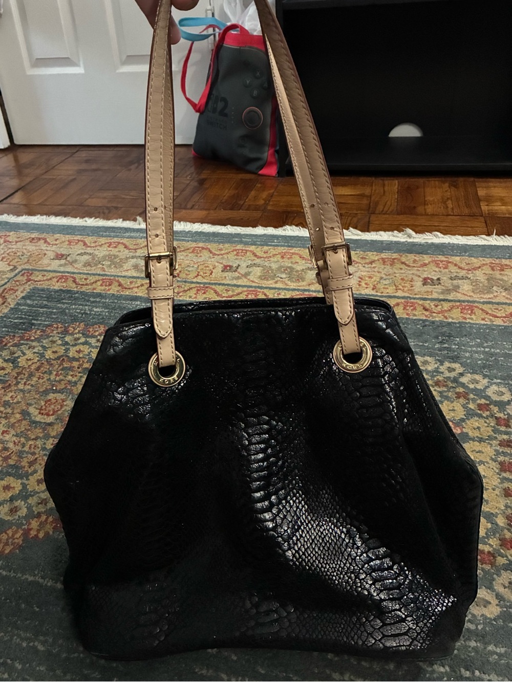 Michael Kors Black Faux-Snakeskin Shoulder Tote with Beige Straps